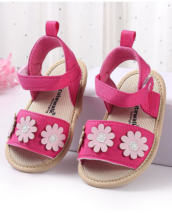 Cute Walk by Babyhug Booties with Floral Applique & Velcro Closure - Fushia