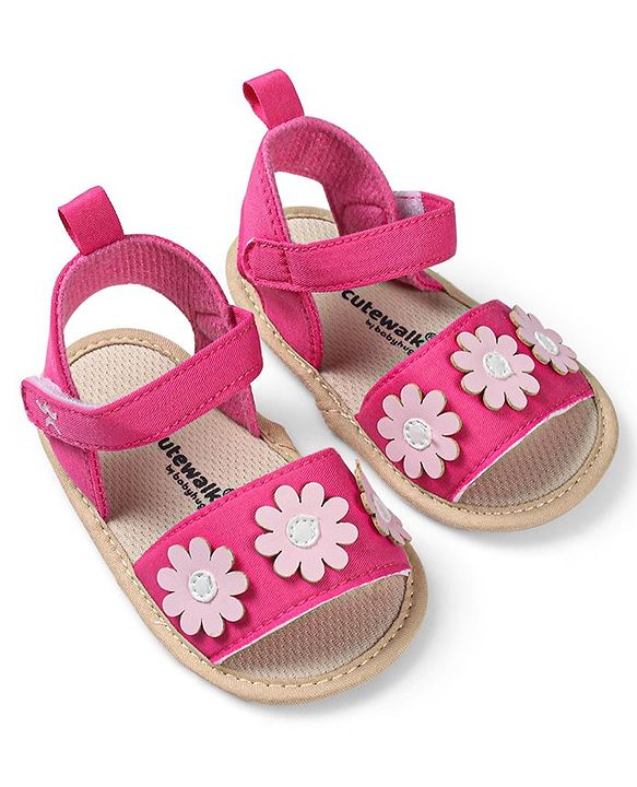 Cute Walk by Babyhug Booties with Floral Applique & Velcro Closure - Fushia