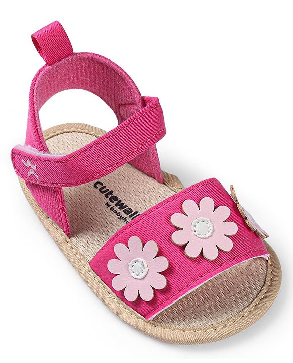 Cute Walk by Babyhug Booties with Floral Applique & Velcro Closure - Fushia