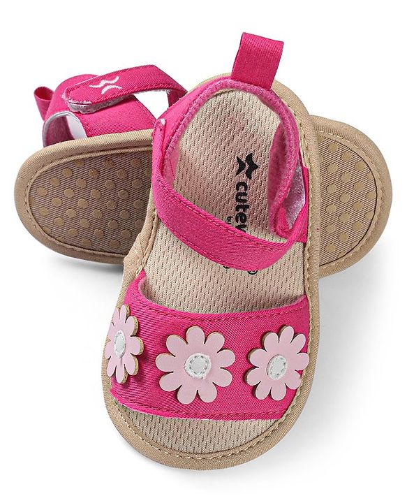Cute Walk by Babyhug Booties with Floral Applique & Velcro Closure - Fushia
