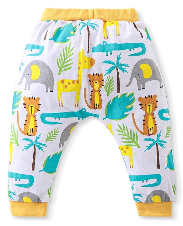 Babyhug Interlock Cotton Full Length Diaper Pants Stripes & Jungle Print Pack of 3 - Orange & White