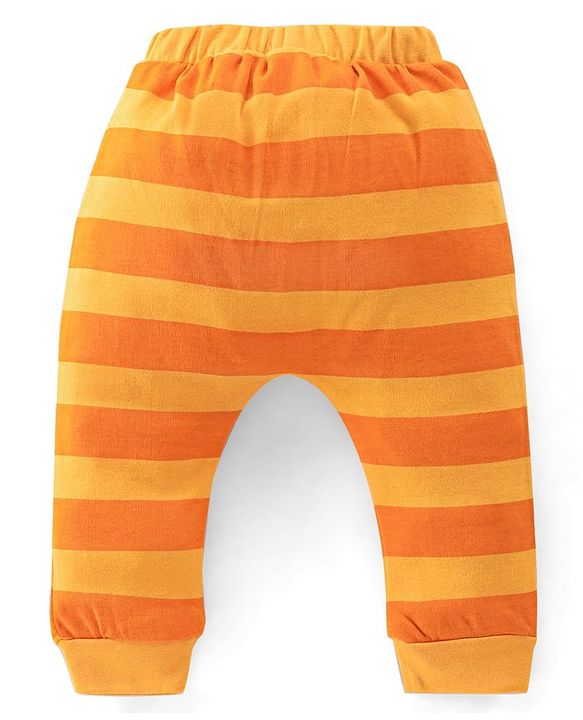 Babyhug Interlock Cotton Full Length Diaper Pants Stripes & Jungle Print Pack of 3 - Orange & White