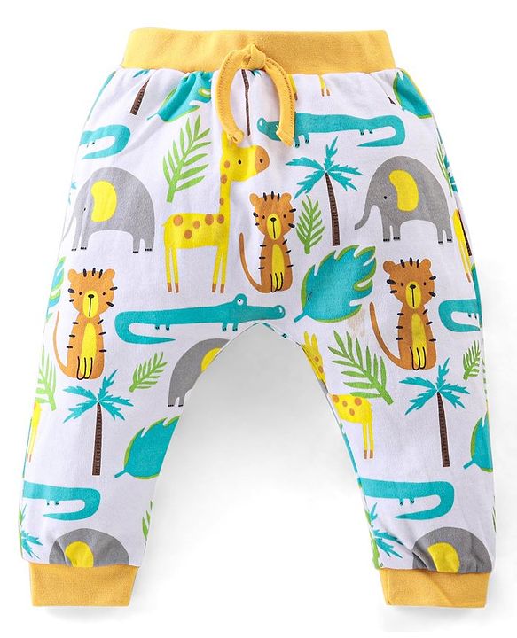 Babyhug Interlock Cotton Full Length Diaper Pants Stripes & Jungle Print Pack of 3 - Orange & White