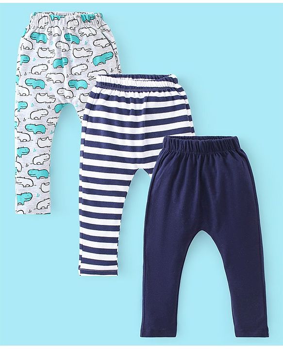 Babyhug Cotton Knit Full Length Diaper Pants Stripes & Hippo Print Pack Of 3- Grey White & Blue