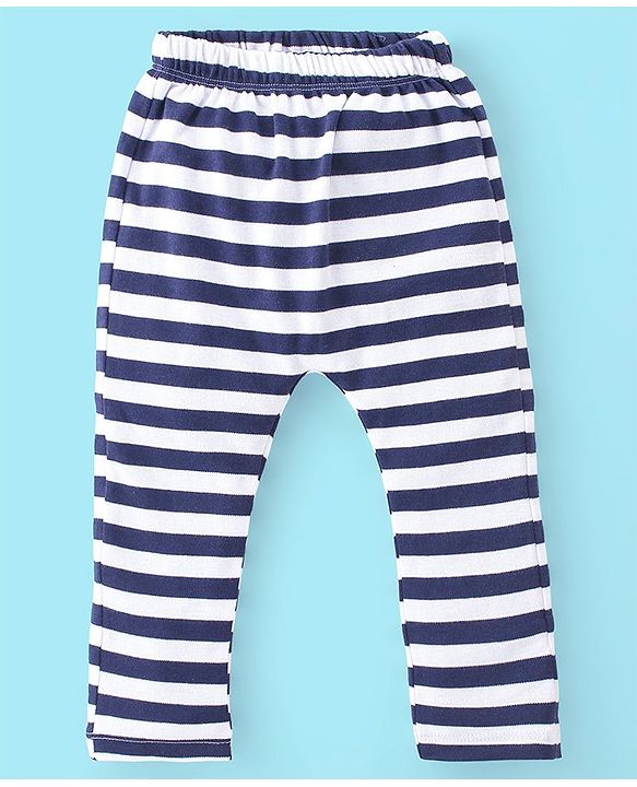 Babyhug Cotton Knit Full Length Diaper Pants Stripes & Hippo Print Pack Of 3- Grey White & Blue