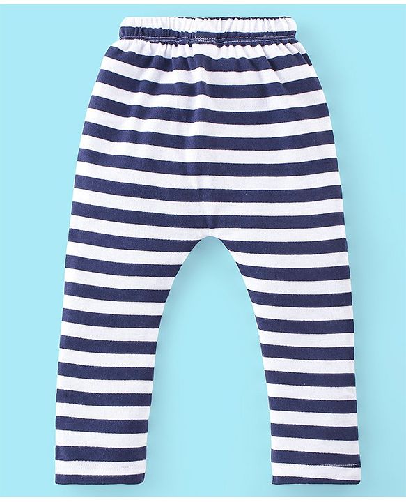 Babyhug Cotton Knit Full Length Diaper Pants Stripes & Hippo Print Pack Of 3- Grey White & Blue