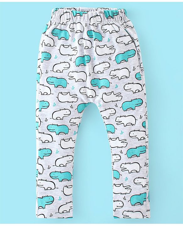 Babyhug Cotton Knit Full Length Diaper Pants Stripes & Hippo Print Pack Of 3- Grey White & Blue
