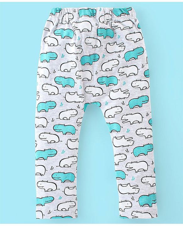 Babyhug Cotton Knit Full Length Diaper Pants Stripes & Hippo Print Pack Of 3- Grey White & Blue