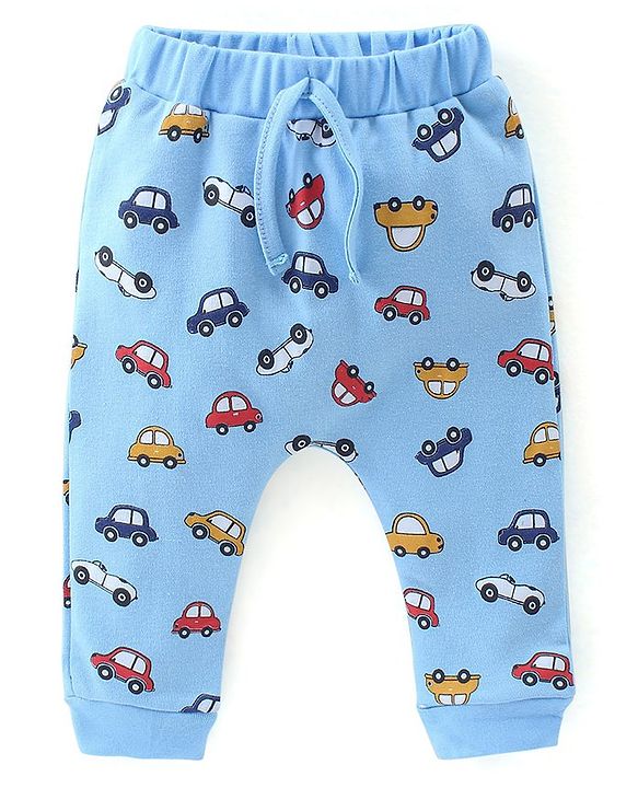 Babyhug Cotton Full Length Diaper Pants Stripes & Car Print Pack Of 3- Yellow Red & Blue