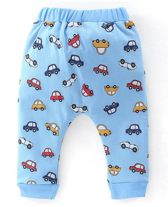 Babyhug Cotton Full Length Diaper Pants Stripes & Car Print Pack Of 3- Yellow Red & Blue