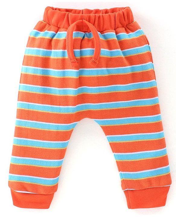 Babyhug Cotton Full Length Diaper Pants Stripes & Car Print Pack Of 3- Yellow Red & Blue
