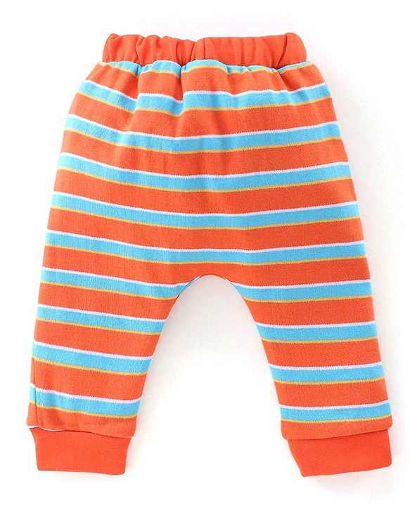 Babyhug Cotton Full Length Diaper Pants Stripes & Car Print Pack Of 3- Yellow Red & Blue