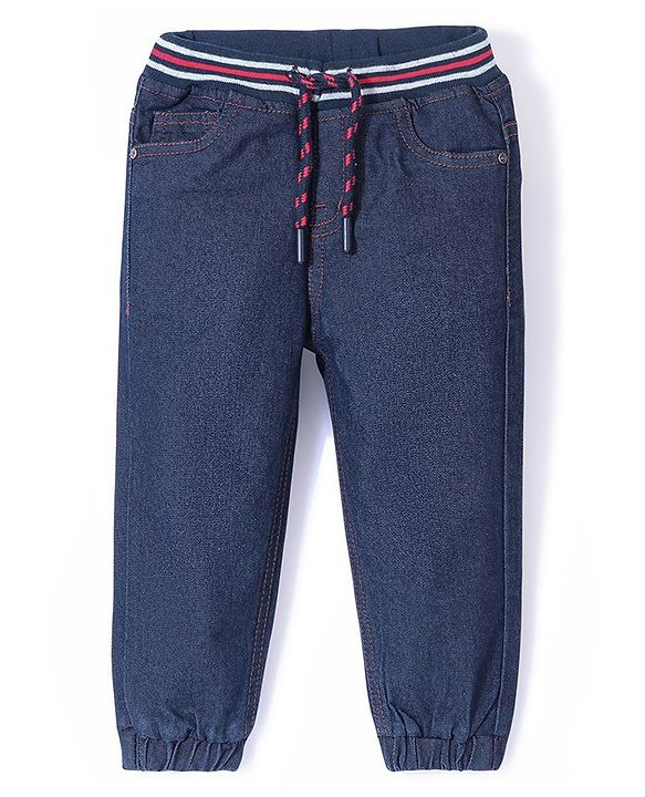 Babyhug Cotton Poly Full Length Washed Denim Jogger with Stretch - Dark Blue