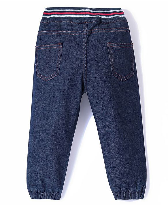 Babyhug Cotton Poly Full Length Washed Denim Jogger with Stretch - Dark Blue