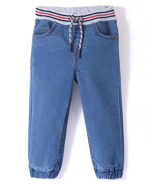 Babyhug Cotton Poly Full Length Washed Denim Jogger with Stretch - Blue
