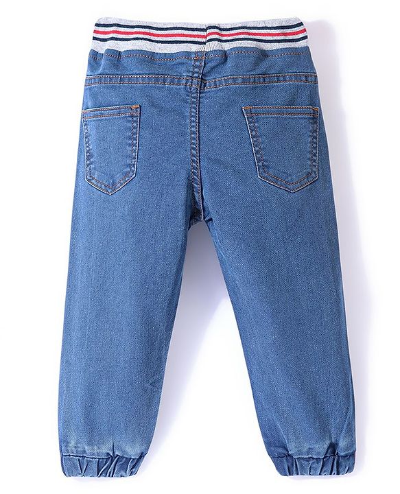 Babyhug Cotton Poly Full Length Washed Denim Jogger with Stretch - Blue