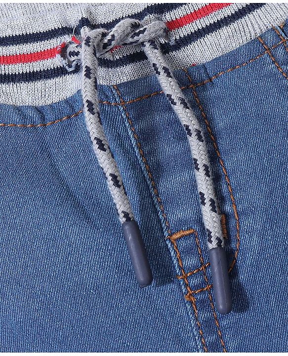 Babyhug Cotton Poly Full Length Washed Denim Jogger with Stretch - Blue