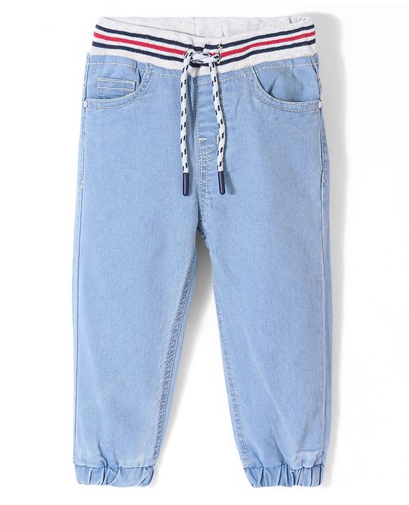 Babyhug Cotton Full Length Washed Denim Jogger with Stretch - Light Blue