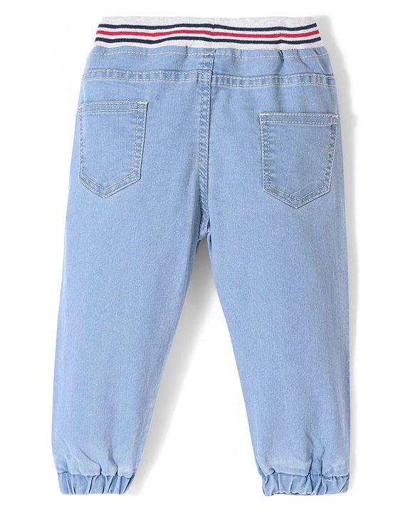 Babyhug Cotton Full Length Washed Denim Jogger with Stretch - Light Blue