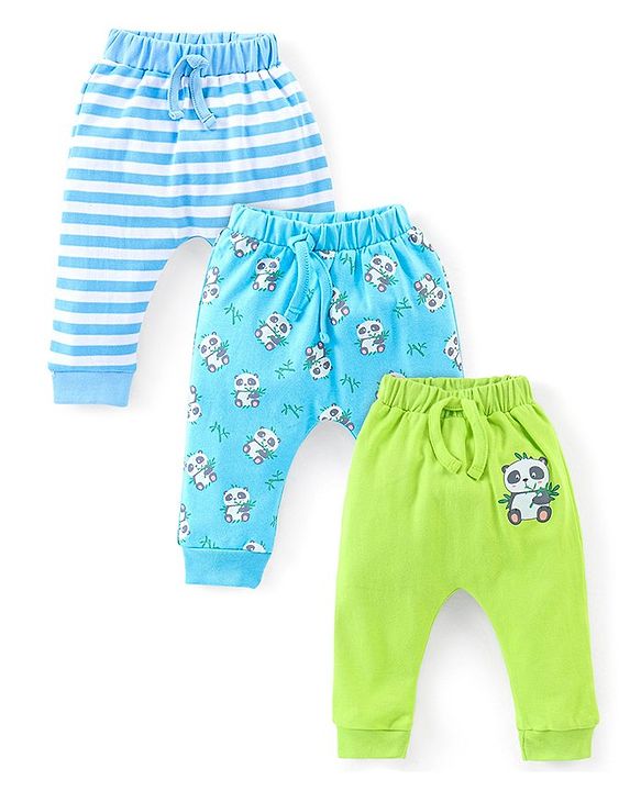 Babyhug Cotton Full Length Diaper Pants Stripes & Panda Print Pack of 3- Blue & Green