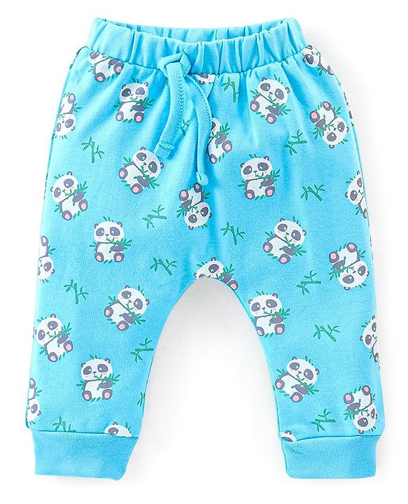 Babyhug Cotton Full Length Diaper Pants Stripes & Panda Print Pack of 3- Blue & Green