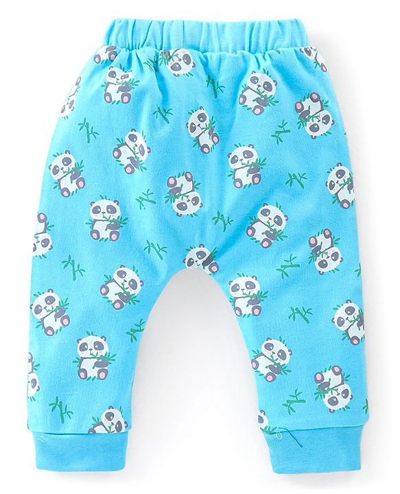 Babyhug Cotton Full Length Diaper Pants Stripes & Panda Print Pack of 3- Blue & Green