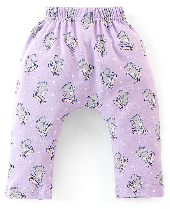 Babyhug Cotton Ankle Length Diaper Pants Stripes & Hippo Print Pack of 3- Peach Purple & Blue