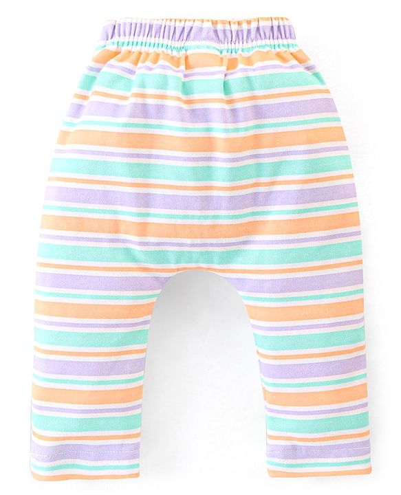Babyhug Cotton Ankle Length Diaper Pants Stripes & Hippo Print Pack of 3- Peach Purple & Blue