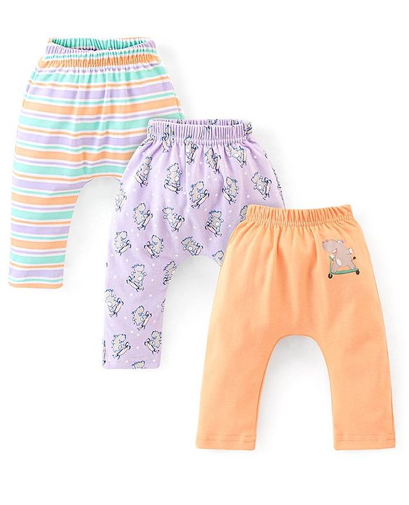 Babyhug Cotton Ankle Length Diaper Pants Stripes & Hippo Print Pack of 3- Peach Purple & Blue