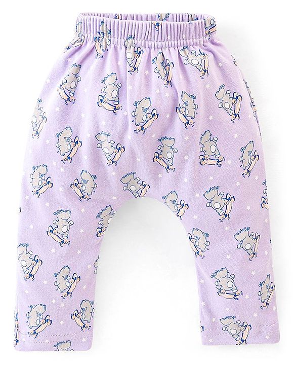 Babyhug Cotton Ankle Length Diaper Pants Stripes & Hippo Print Pack of 3- Peach Purple & Blue