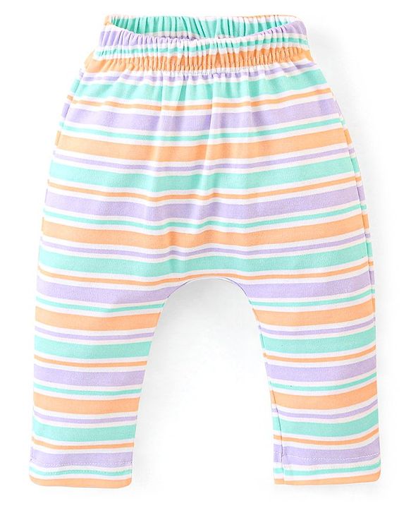 Babyhug Cotton Ankle Length Diaper Pants Stripes & Hippo Print Pack of 3- Peach Purple & Blue