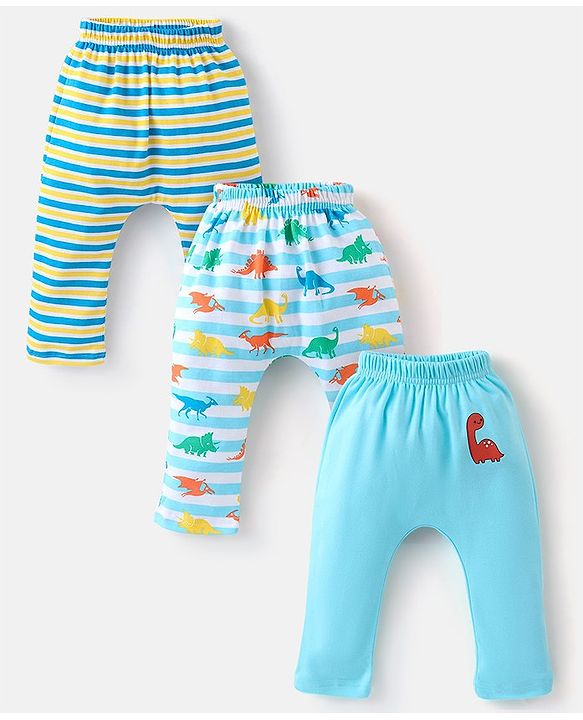 Babyhug Cotton Diaper Pants Pack of 3 Striped & Dino Print - Blue