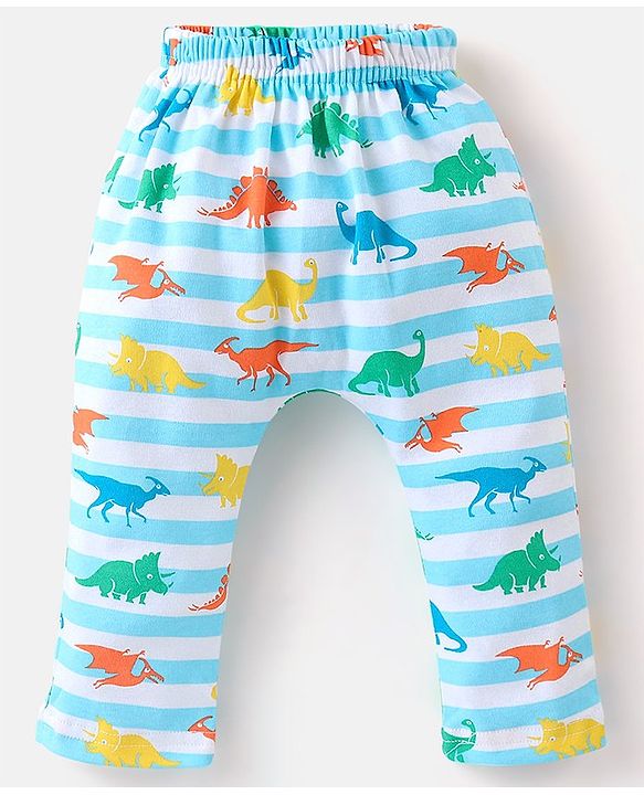 Babyhug Cotton Diaper Pants Pack of 3 Striped & Dino Print - Blue