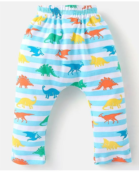 Babyhug Cotton Diaper Pants Pack of 3 Striped & Dino Print - Blue