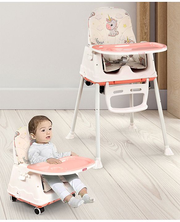 Babyhug 3 in 1 Comfy High Chair Unicorn Printed Cushion - Pink| High Chair, Feeding Chair & Booster Chair| Adjustable Double Food Tray| Removable PU Leather Seat| Safety Harness| Removable Footrest