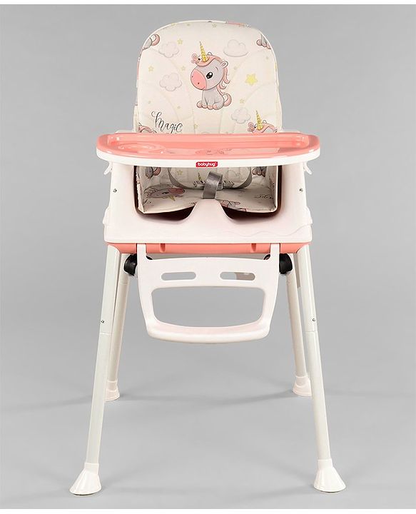 Babyhug 3 in 1 Comfy High Chair Unicorn Printed Cushion - Pink| High Chair, Feeding Chair & Booster Chair| Adjustable Double Food Tray| Removable PU Leather Seat| Safety Harness| Removable Footrest