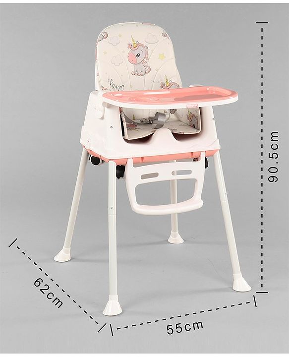 Babyhug 3 in 1 Comfy High Chair Unicorn Printed Cushion - Pink| High Chair, Feeding Chair & Booster Chair| Adjustable Double Food Tray| Removable PU Leather Seat| Safety Harness| Removable Footrest
