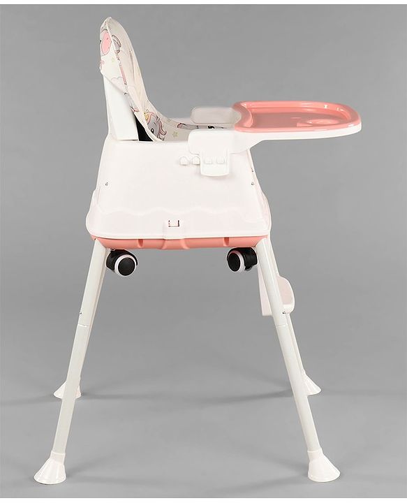 Babyhug 3 in 1 Comfy High Chair Unicorn Printed Cushion - Pink| High Chair, Feeding Chair & Booster Chair| Adjustable Double Food Tray| Removable PU Leather Seat| Safety Harness| Removable Footrest