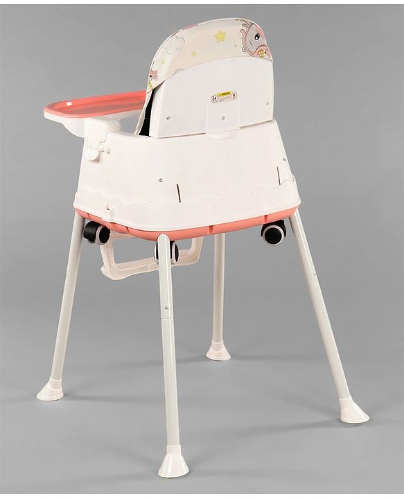 Babyhug 3 in 1 Comfy High Chair Unicorn Printed Cushion - Pink| High Chair, Feeding Chair & Booster Chair| Adjustable Double Food Tray| Removable PU Leather Seat| Safety Harness| Removable Footrest