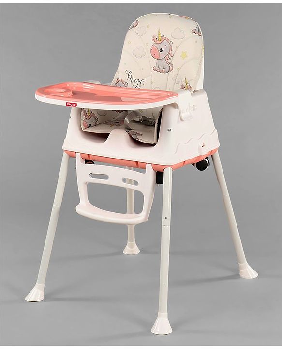 Babyhug 3 in 1 Comfy High Chair Unicorn Printed Cushion - Pink| High Chair, Feeding Chair & Booster Chair| Adjustable Double Food Tray| Removable PU Leather Seat| Safety Harness| Removable Footrest