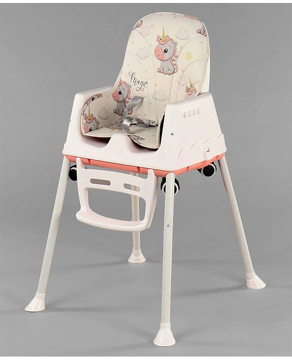 Babyhug 3 in 1 Comfy High Chair Unicorn Printed Cushion - Pink| High Chair, Feeding Chair & Booster Chair| Adjustable Double Food Tray| Removable PU Leather Seat| Safety Harness| Removable Footrest