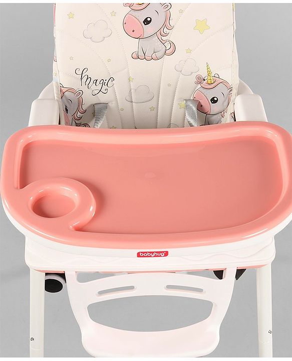 Babyhug 3 in 1 Comfy High Chair Unicorn Printed Cushion - Pink| High Chair, Feeding Chair & Booster Chair| Adjustable Double Food Tray| Removable PU Leather Seat| Safety Harness| Removable Footrest