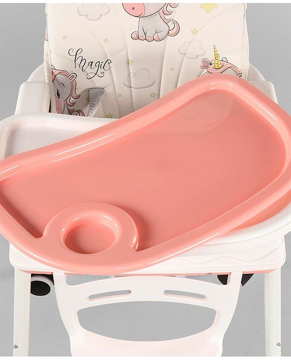 Babyhug 3 in 1 Comfy High Chair Unicorn Printed Cushion - Pink| High Chair, Feeding Chair & Booster Chair| Adjustable Double Food Tray| Removable PU Leather Seat| Safety Harness| Removable Footrest