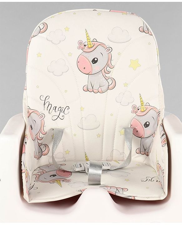 Babyhug 3 in 1 Comfy High Chair Unicorn Printed Cushion - Pink| High Chair, Feeding Chair & Booster Chair| Adjustable Double Food Tray| Removable PU Leather Seat| Safety Harness| Removable Footrest
