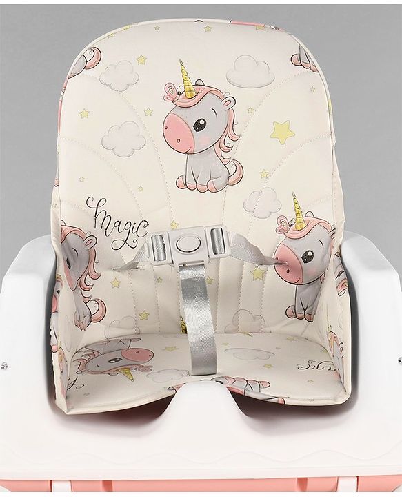 Babyhug 3 in 1 Comfy High Chair Unicorn Printed Cushion - Pink| High Chair, Feeding Chair & Booster Chair| Adjustable Double Food Tray| Removable PU Leather Seat| Safety Harness| Removable Footrest