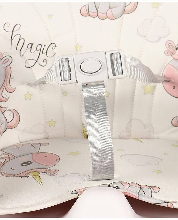 Babyhug 3 in 1 Comfy High Chair Unicorn Printed Cushion - Pink| High Chair, Feeding Chair & Booster Chair| Adjustable Double Food Tray| Removable PU Leather Seat| Safety Harness| Removable Footrest