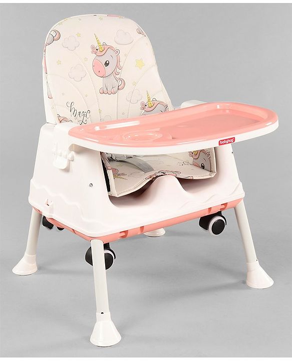 Babyhug 3 in 1 Comfy High Chair Unicorn Printed Cushion - Pink| High Chair, Feeding Chair & Booster Chair| Adjustable Double Food Tray| Removable PU Leather Seat| Safety Harness| Removable Footrest