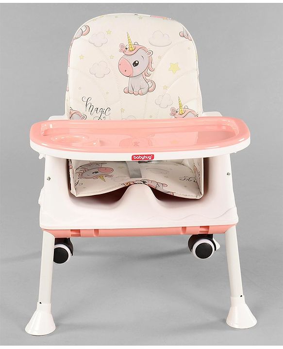 Babyhug 3 in 1 Comfy High Chair Unicorn Printed Cushion - Pink| High Chair, Feeding Chair & Booster Chair| Adjustable Double Food Tray| Removable PU Leather Seat| Safety Harness| Removable Footrest