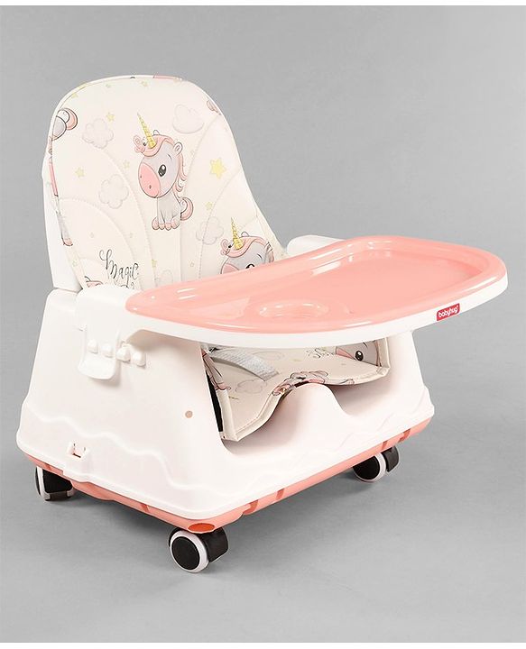 Babyhug 3 in 1 Comfy High Chair Unicorn Printed Cushion - Pink| High Chair, Feeding Chair & Booster Chair| Adjustable Double Food Tray| Removable PU Leather Seat| Safety Harness| Removable Footrest