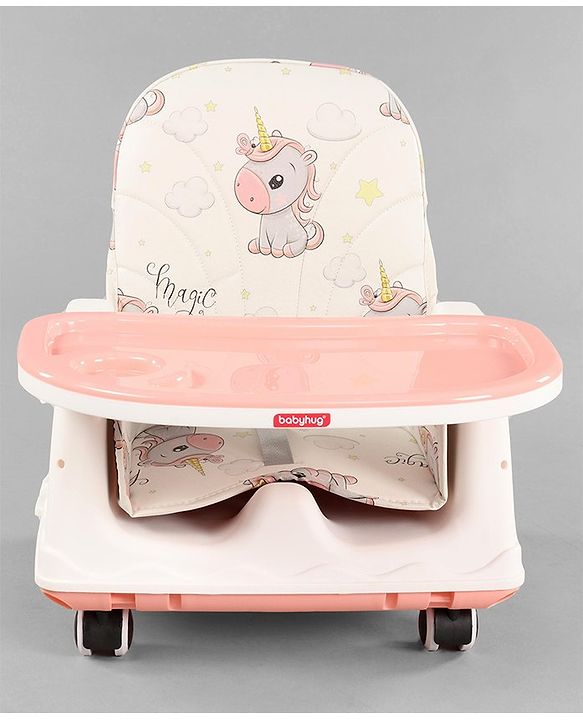 Babyhug 3 in 1 Comfy High Chair Unicorn Printed Cushion - Pink| High Chair, Feeding Chair & Booster Chair| Adjustable Double Food Tray| Removable PU Leather Seat| Safety Harness| Removable Footrest